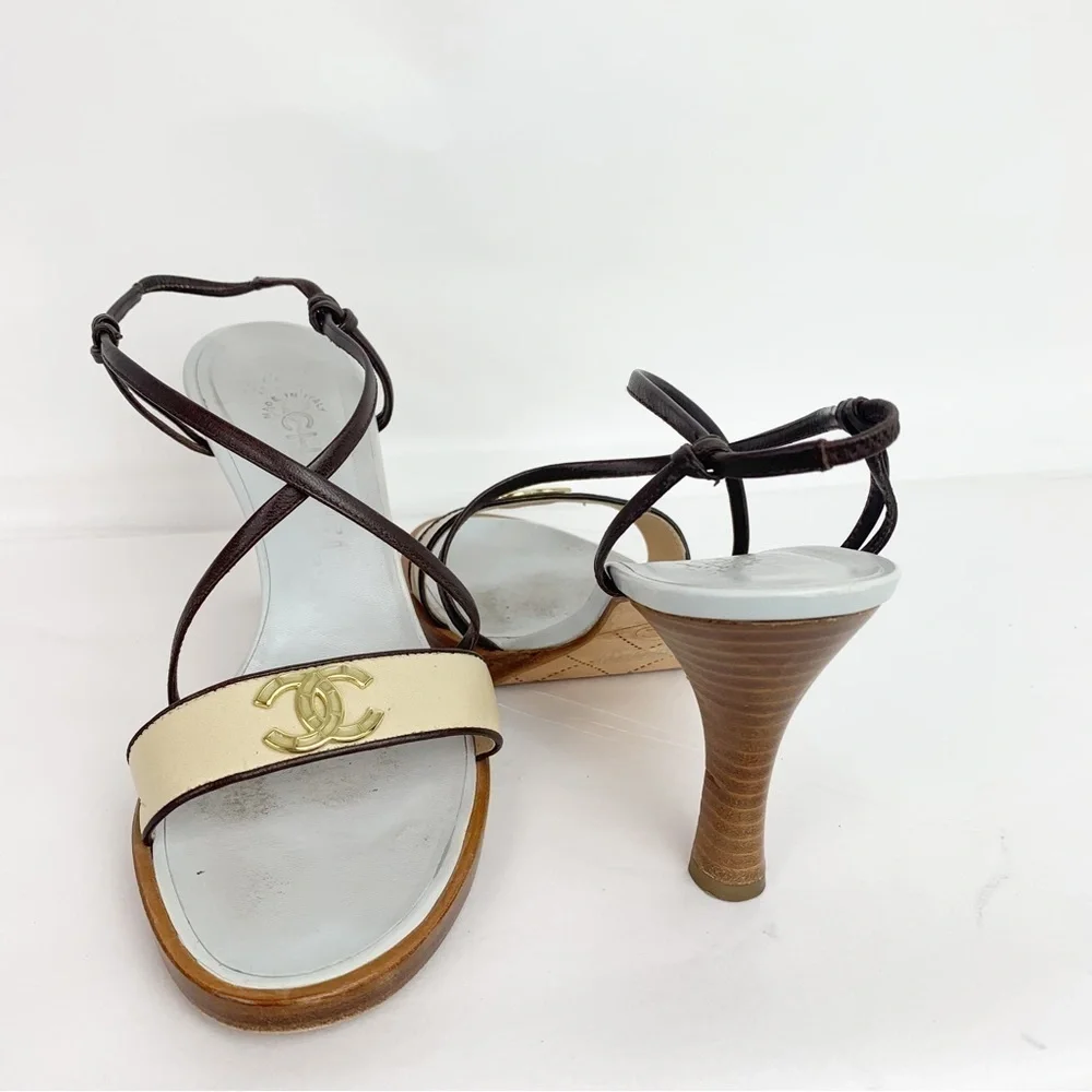 Chanel Blue / Brown Wooden Sole Strappy Heels Pumps 37 1/2 - Picture 13 of 13